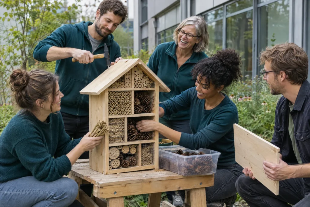 Fünf Kolleg:innen bauen im Freien gemeinsam ein großes Insektenhotel aus Holz