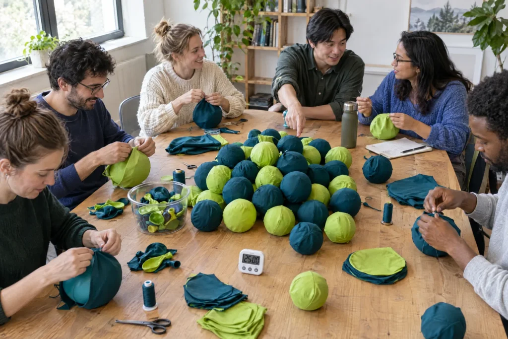 Ein Team näht an einem langen Tisch Stoffhüllen für Luftballone, in der Mitte wächst ein Berg fertiger Bälle