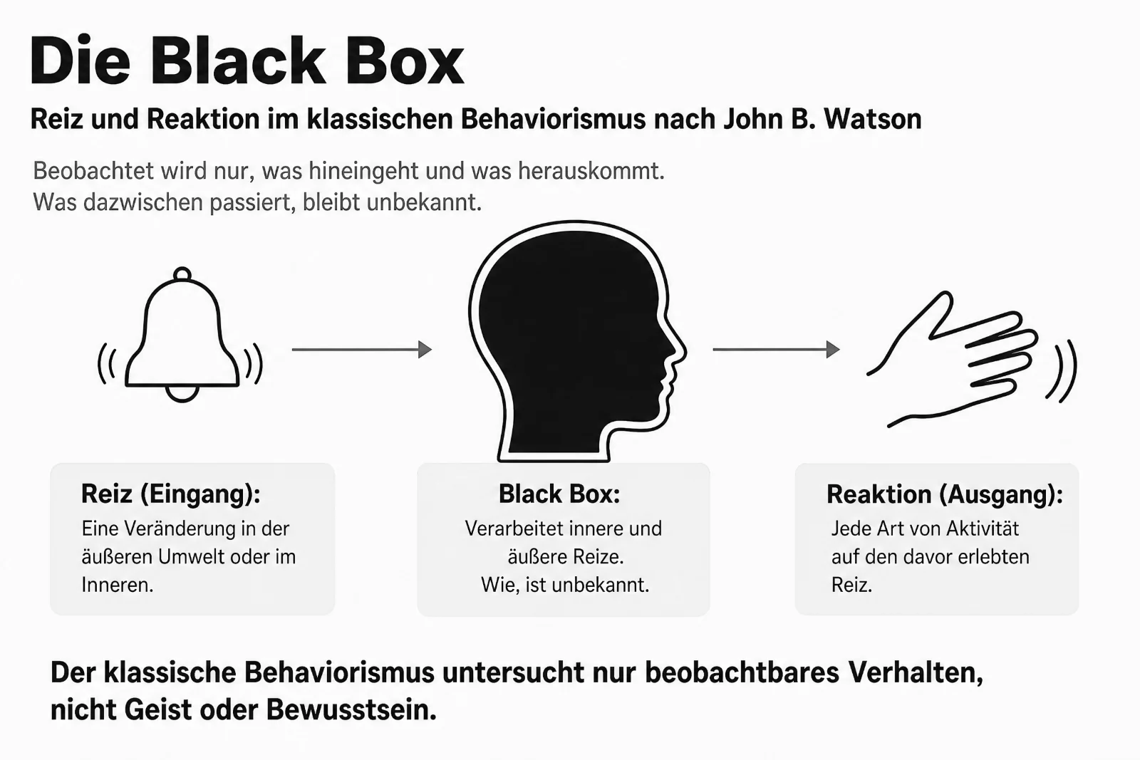 Infografik: Die Black Box im klassischen Behaviorismus. Ein Reiz (Eingang) geht in einen schwarz gefüllten Kopf, die Black Box, heraus kommt eine Reaktion (Ausgang). Was dazwischen passiert, bleibt unbekannt.