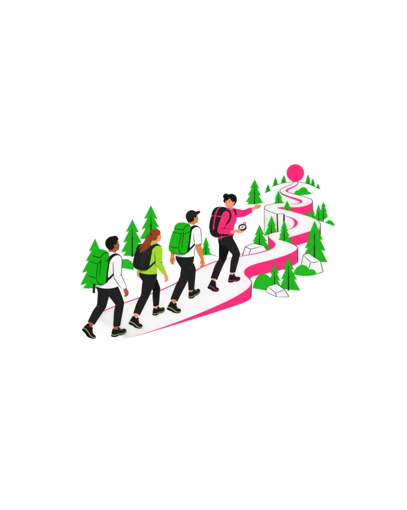 Guide führt eine Wandergruppe auf einem Weg durch den Wald