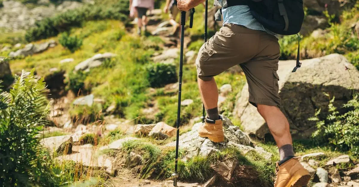 NEVEREST Blog Wanderführer Ausbildung Mann wandert auf steinigem Weg mit Stock