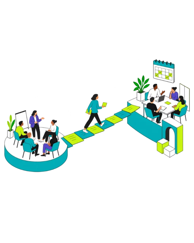Illustration: Eine Führungskraft geht mit einer Aufgabe vom Seminar über eine Brücke zu ihrem Team