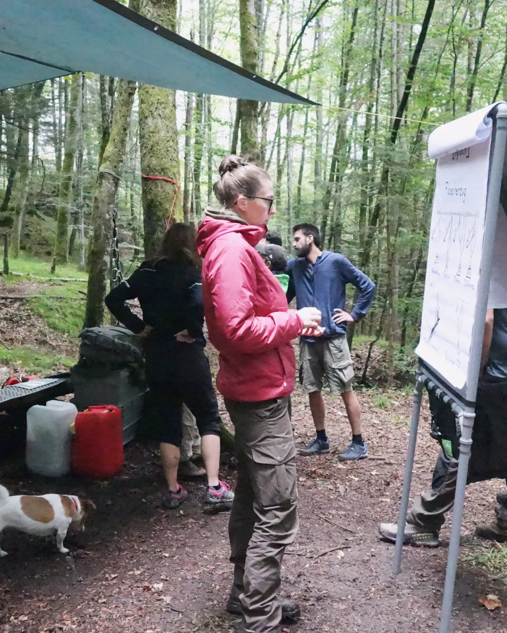 Teilnehmende im Waldlager, eine Teilnehmerin erklärt etwas am Flipchart
