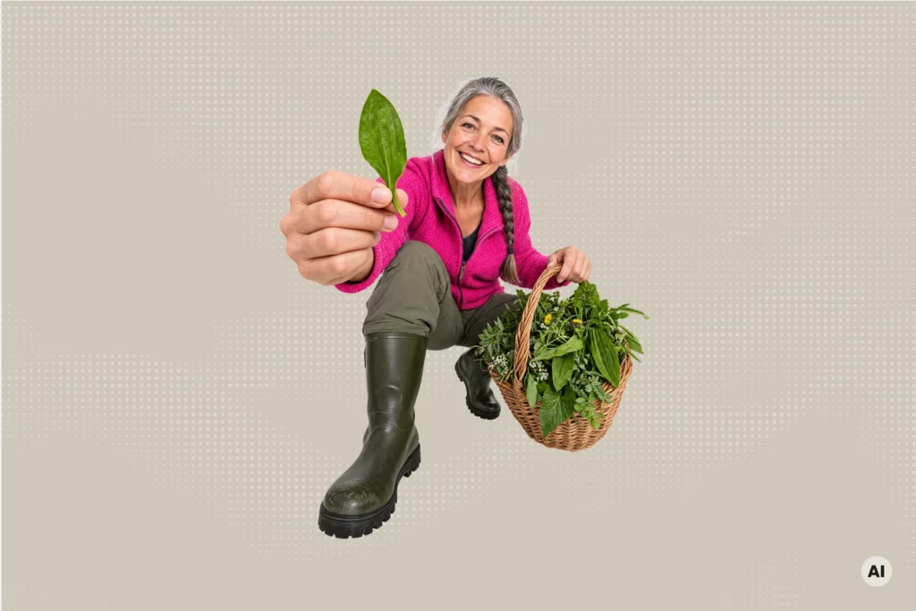 Wildkräutertrainerin mit Kräuterkorb zeigt ein Blatt Spitzwegerich