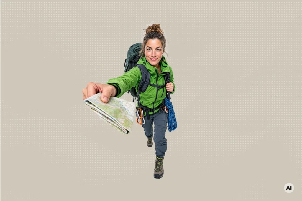 Outdoor-Trainerin mit Rucksack, Seil und Landkarte geht entschlossen los