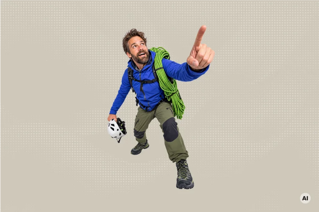 Outdoor-Trainer mit Kletterhelm und Seil zeigt nach oben
