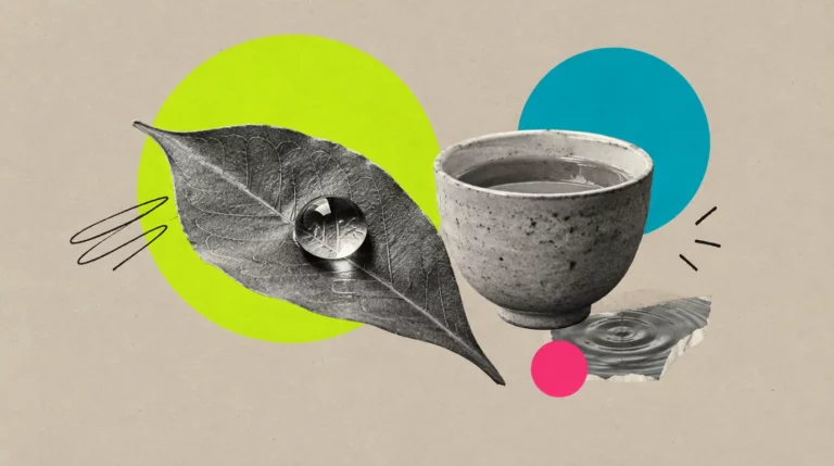 Collage: Ein einzelnes Blatt mit einem Wassertropfen darauf, daneben eine Teetasse