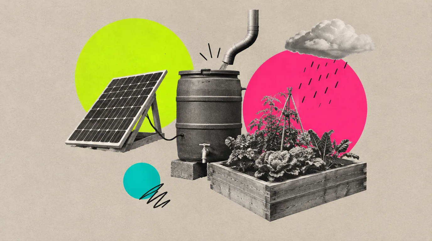 Collage: Ein kleines Solarpaneel, ein Regenfass und ein Gemüsebeet