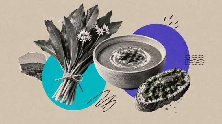 Collage: Ein Bund Bärlauch, eine Schale Suppe und eine Brotscheibe mit Pesto