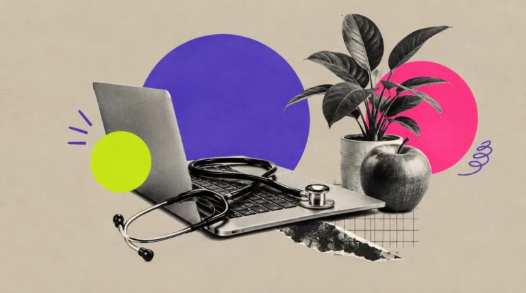 Collage: Ein Stethoskop liegt auf einem Laptop, daneben ein Apfel und eine Pflanze