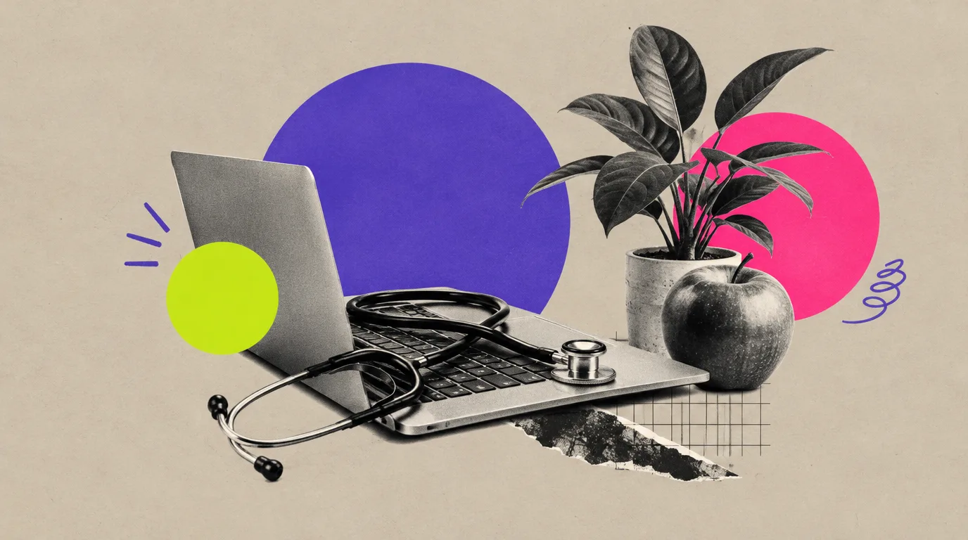 Collage: Ein Stethoskop liegt auf einem Laptop, daneben ein Apfel und eine Pflanze