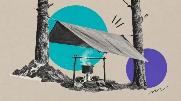 Collage: Eine Plane als Tarp zwischen zwei Bäumen, darunter ein Kochgeschirr