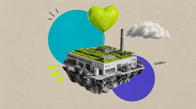 Collage: Ein Fabrikgebäude in Miniatur mit grünem Dach und einem Herz-Ballon