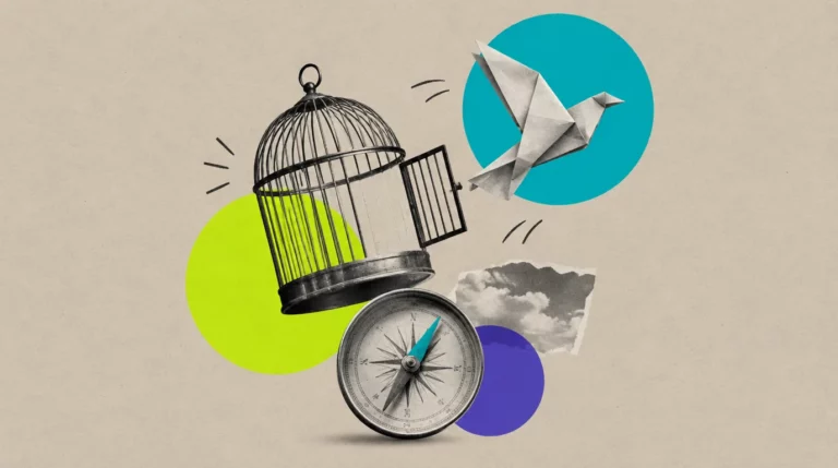 Collage: Ein Freiheitsvogel aus gefaltetem Papier fliegt aus einem offenen Vogelkäfig, darunter eine Kompassnadel