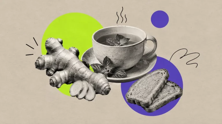 Collage: Eine Ingwerknolle, eine Tasse Pfefferminztee und Zwieback