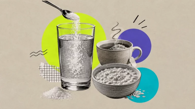 Collage: Ein großes Glas Wasser mit Salz und Zucker, daneben Tee und Haferschleim