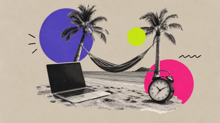 Collage: Ein Laptop am Strand, eine Hängematte und ein Wecker