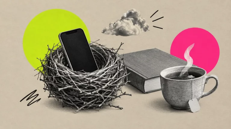 Collage: Ein Smartphone in einem Vogelnest, daneben ein Buch und eine Tasse Tee