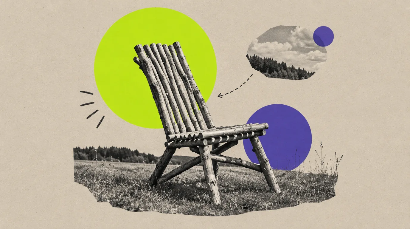 Collage: Ein Stuhl aus Ästen auf einer Wiese