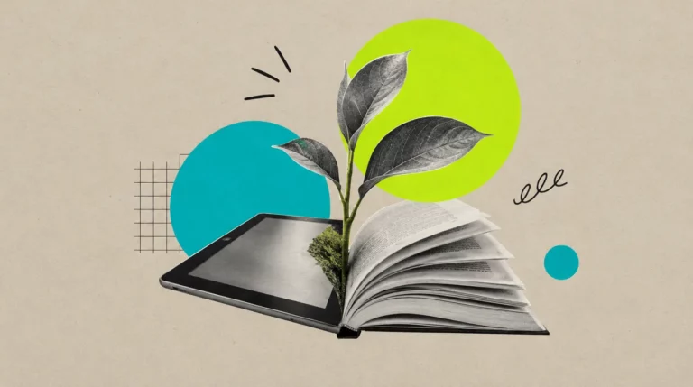 Collage: Ein Tablet und ein Buch, aus beiden wächst eine Pflanze