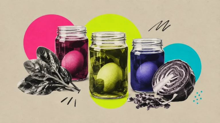 Collage: Eier in Gläsern mit gefärbtem Wasser, daneben Spinat und Rotkraut