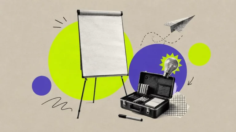 Collage: Ein Flipchart auf einem Stativ, leer, daneben ein Moderationskoffer und Marker