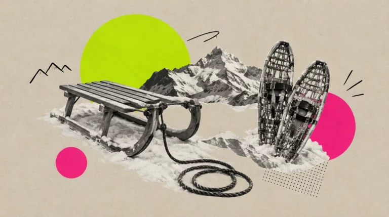 Collage: Ein Schlitten, ein Seil und Schneeschuhe im Schnee
