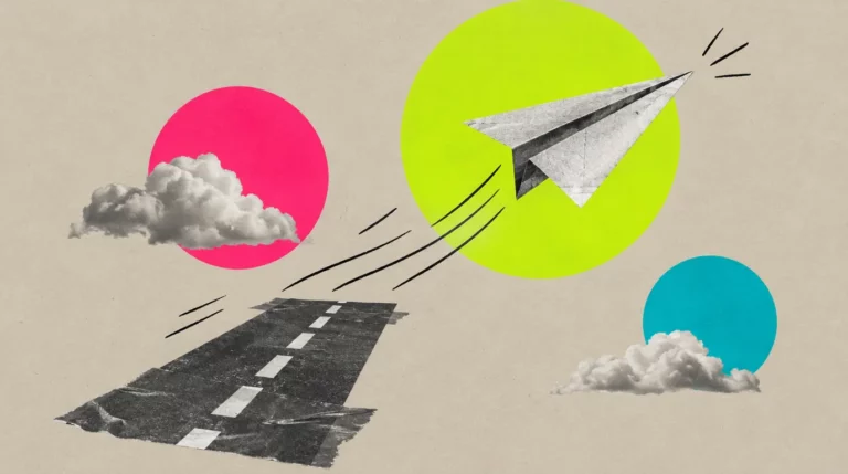 Collage: Eine Papierflugzeug startet von einer Startbahn aus Klebeband nach vorne, gezeichnete Bewegungslinien