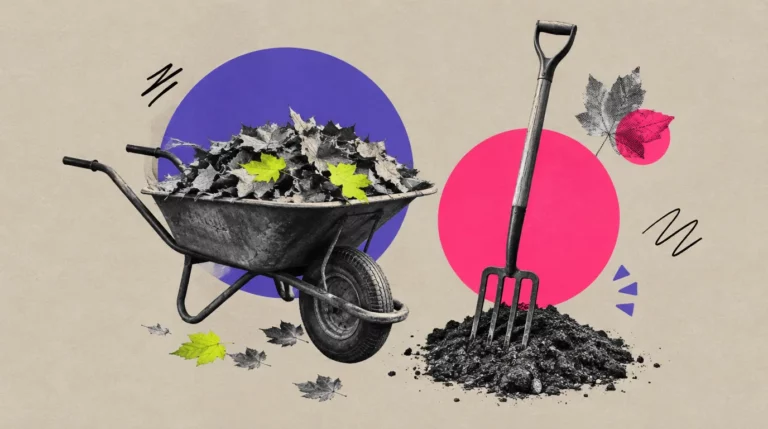 Collage: Eine Schubkarre mit Herbstlaub und eine Grabgabel im Beet