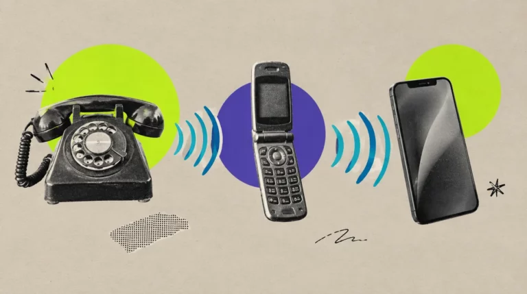 Collage: Ein Wählscheibentelefon, ein altes Klapphandy und ein modernes Smartphone stehen nebeneinander, gezeichnete Schallwellen verbinden sie