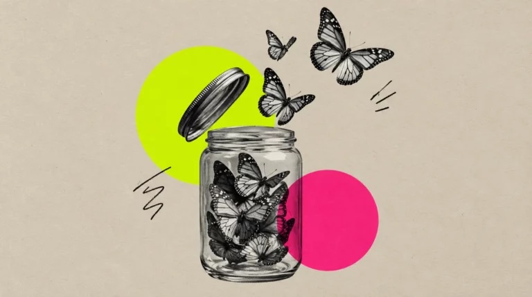 Collage: Ein Glas mit Schmetterlingen, deren Deckel geöffnet wird, die Schmetterlinge fliegen heraus