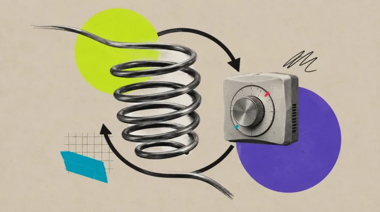 Collage: Eine Spirale aus Draht mit Feedback-Pfeilen, daneben ein Thermostat