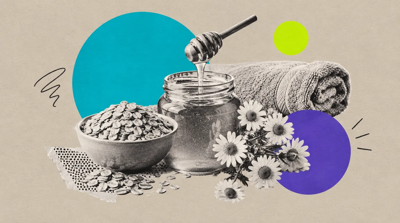 Collage: Ein Glas Honig, Kamillenblüten, Haferflocken und ein Handtuch