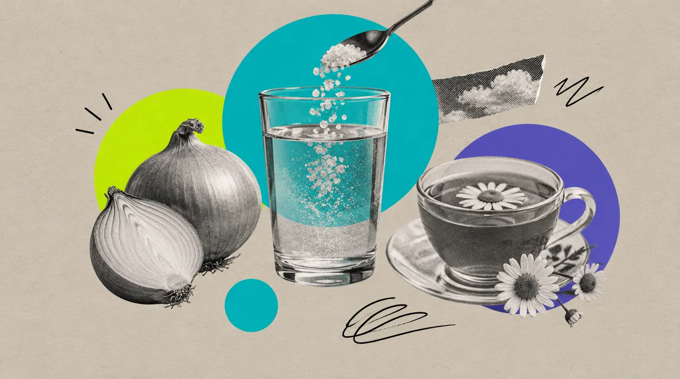 Collage: Eine Zwiebel, ein Glas Salzwasser und ein Kamillentee