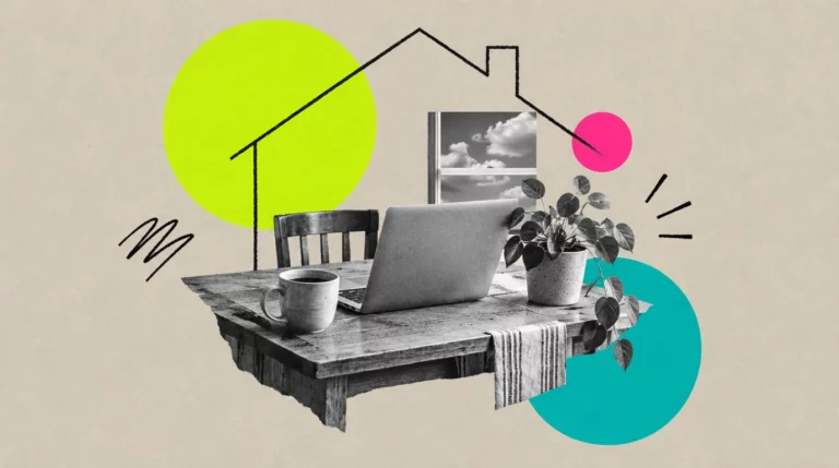 Collage: Ein Laptop auf einem Küchentisch mit Kaffee und Pflanze, ein gezeichnetes Haus darum