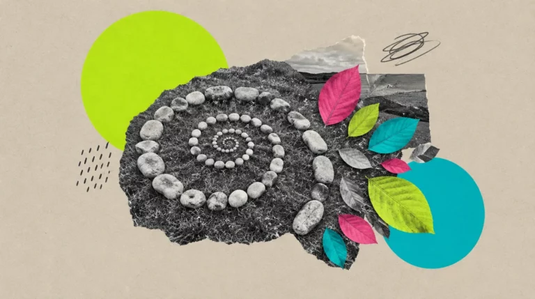 Collage: Eine Spirale aus Steinen auf einer Wiese, daneben bunte Blätter