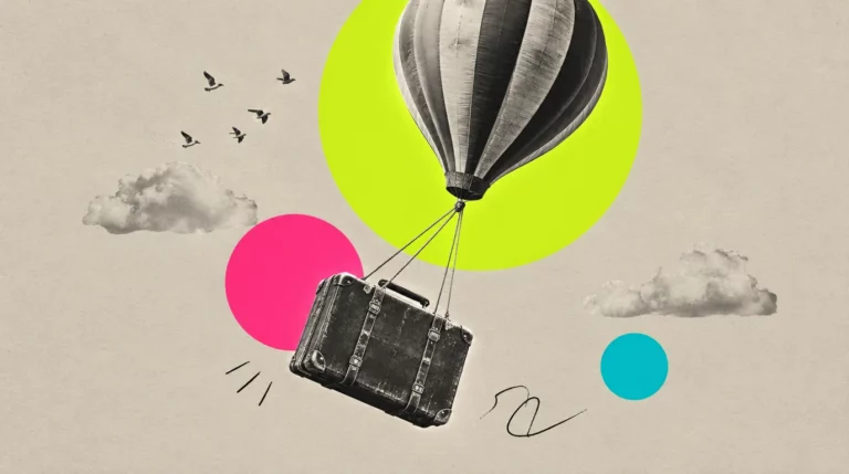 Collage: Ein Luftballon, an dem ein alter Koffer gerade losgelassen wird und davonschwebt
