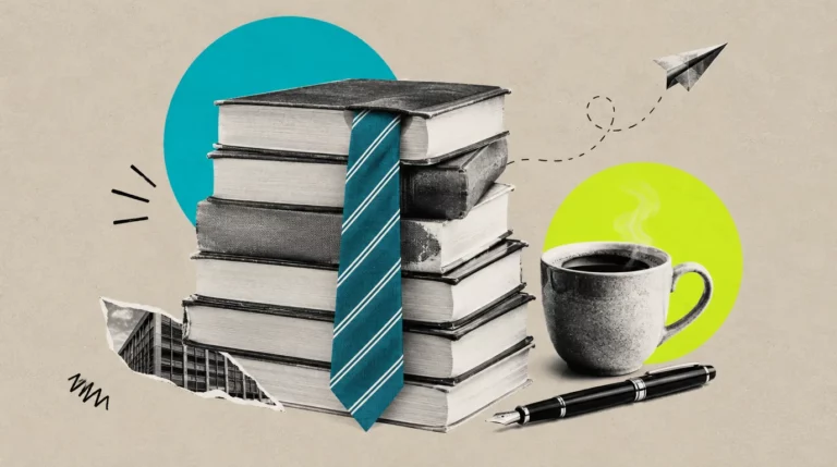 Collage: Ein Stapel Bücher mit einer Krawatte als Lesezeichen, daneben ein Füller und eine Kaffeetasse