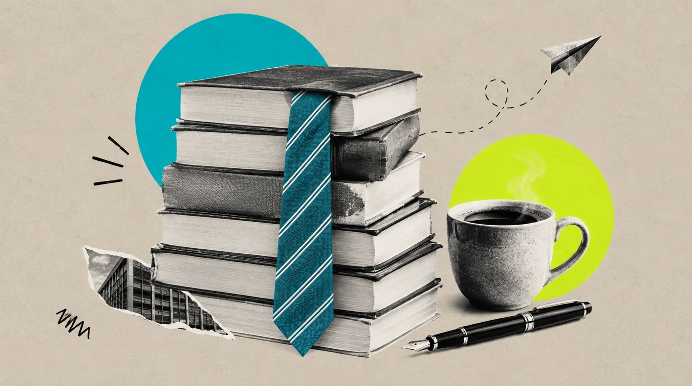 Collage: Ein Stapel Bücher mit einer Krawatte als Lesezeichen, daneben ein Füller und eine Kaffeetasse