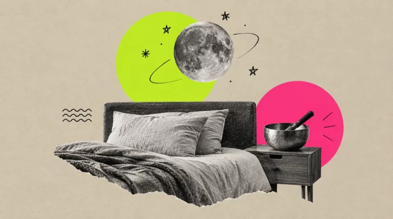 Collage: Ein Bett mit Kissen, darüber ein gezeichneter Mond und Sterne, eine Klangschale auf dem Nachttisch