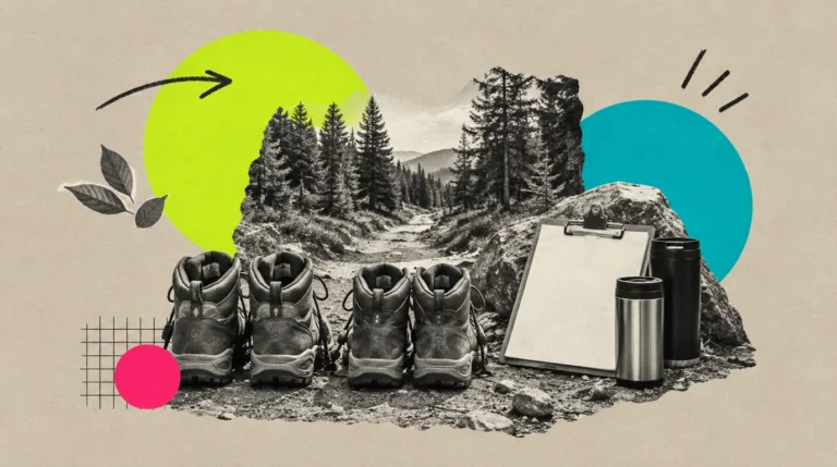 Collage: Zwei Paar Wanderschuhe nebeneinander auf einem Waldweg, daneben ein Klemmbrett und zwei Thermobecher