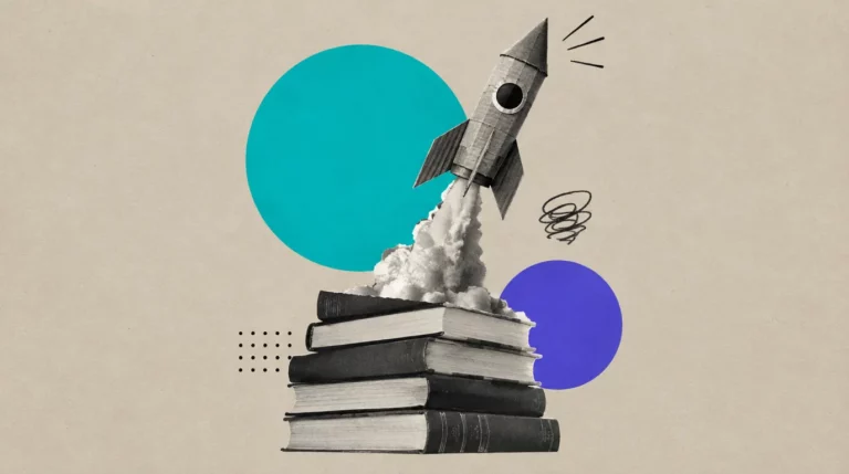 Collage: Eine Rakete aus Pappe startet von einem Stapel Bücher