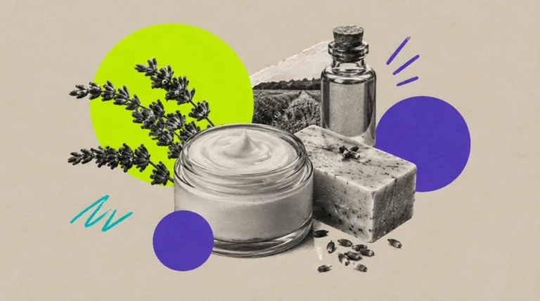Collage: Tiegel mit Creme, ein Stück Naturseife, Lavendel und ein Fläschchen Öl