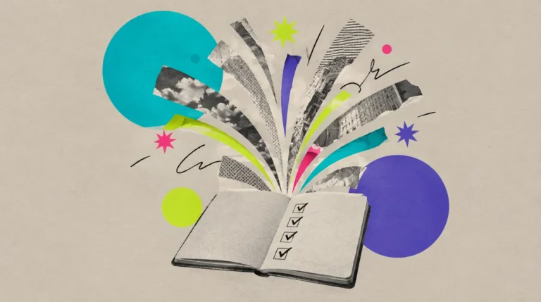 Collage: Ein Feuerwerk aus Papier über einem Notizbuch mit Häkchen