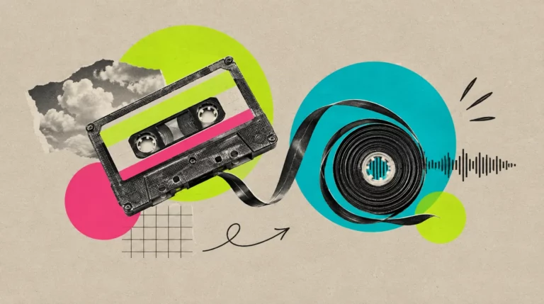 Collage: Ein Kassettenrekorder mit einer bunten Kassette, deren Band sich neu aufwickelt