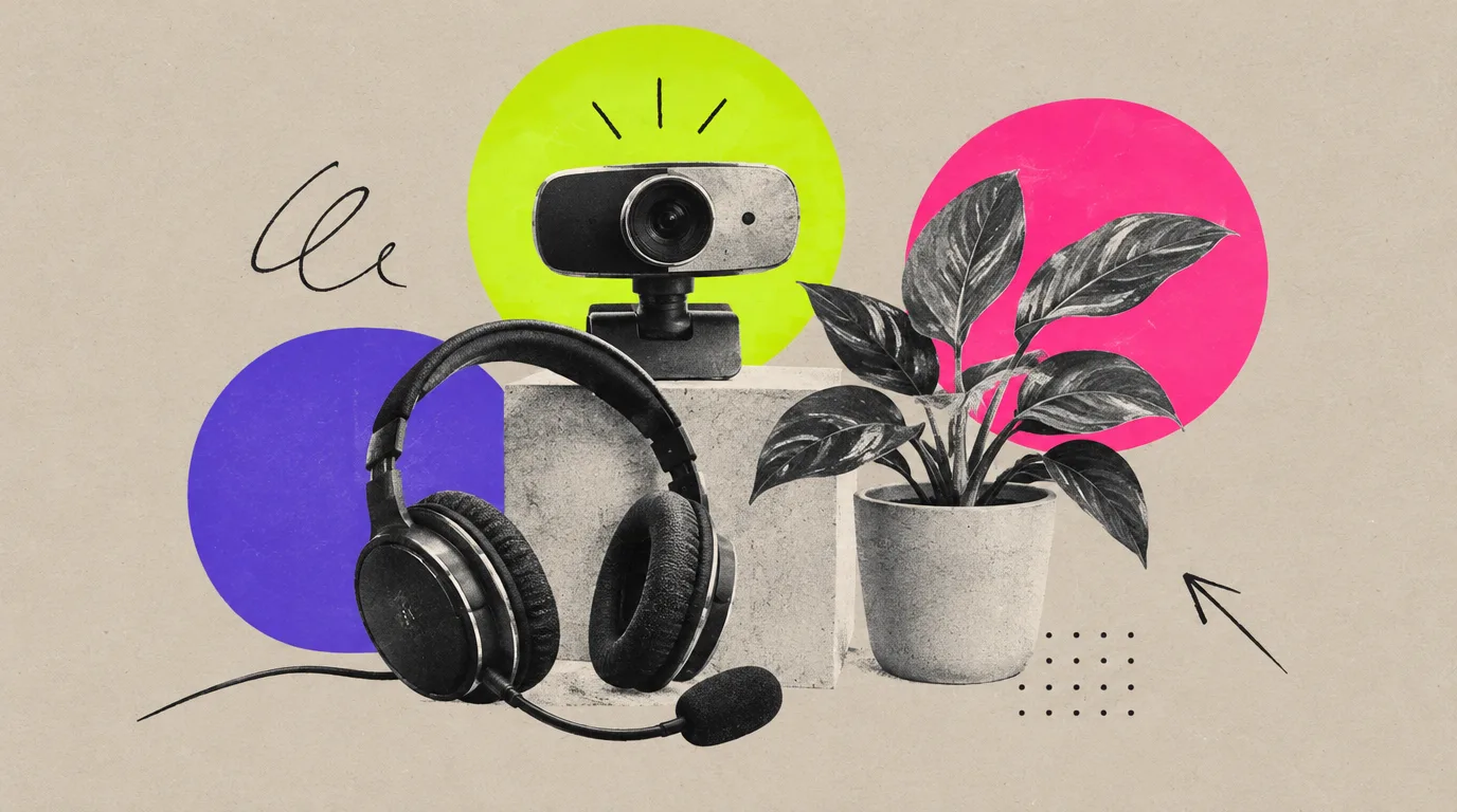 Collage: Eine Webcam, ein Headset und eine Pflanze vor einem neutralen Hintergrund