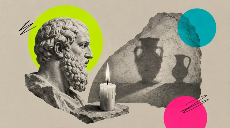 Collage: Eine brennende Kerze vor einer gezeichneten Höhlenwand, auf der Schatten von einfachen Gegenständen erscheinen, daneben ein Säulenkapitell