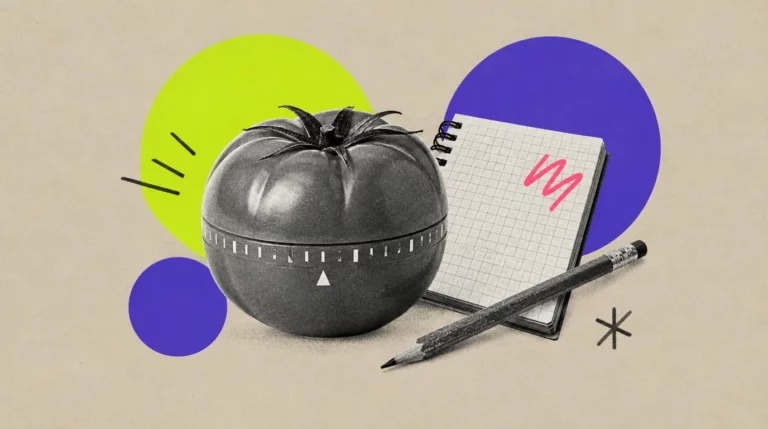 Collage: Eine tomatenförmige Küchenuhr, daneben ein Notizbuch und ein Bleistift