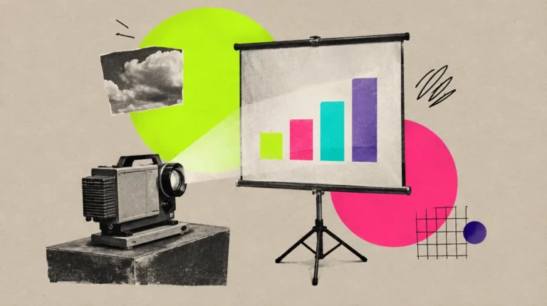 Collage: Eine Leinwand mit Projektor, darauf ein einfaches Balkendiagramm aus Licht