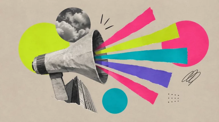 Collage: Ein Megafon aus Papier, aus dem bunte Papierstreifen fliegen